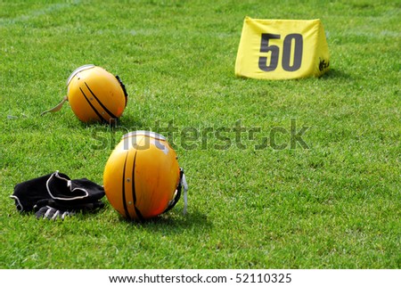 american football equipment on field