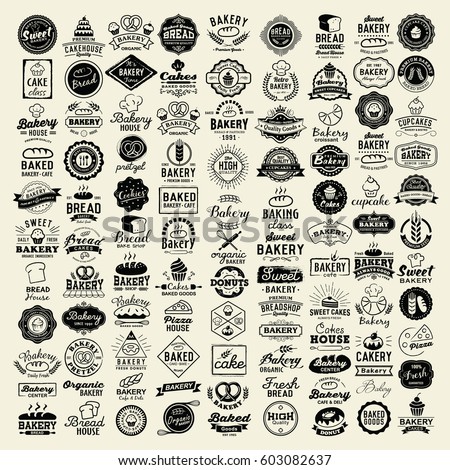 100 Bakery logotypes set. Bakery typography, logos, badges, labels, icons and objects.