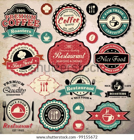 Collection of vintage retro grunge coffee and restaurant labels, badges and icons