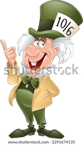Madhatter from Wonderland with green hat on his head pointing with his finger