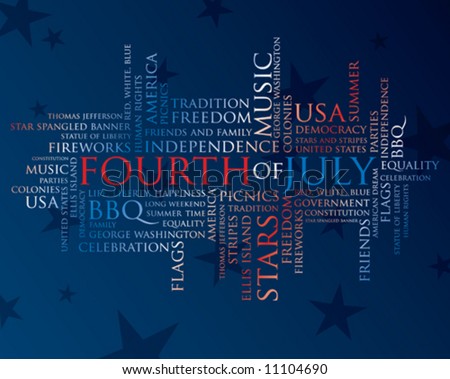 fourth of july words in red, white, and blue on a blue background