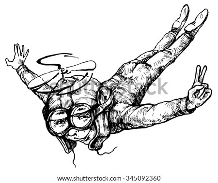 The pilot in flight - hand drawn vector illustration, isolated on white