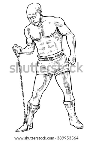 Man of muscle performs static exercise - hand drawn vector illustration, isolated on white