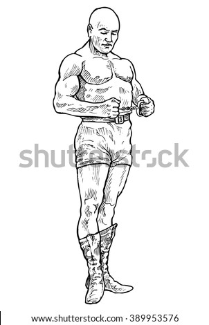 Man of muscle performs static exercise - hand drawn vector illustration, isolated on white