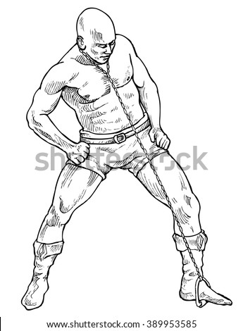 Man of muscle performs static exercise - hand drawn vector illustration, isolated on white