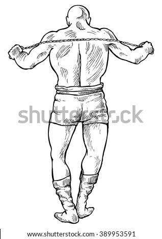 Man of muscle performs static exercise - hand drawn vector illustration, isolated on white