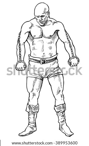 Man of muscle performs static exercise - hand drawn vector illustration, isolated on white