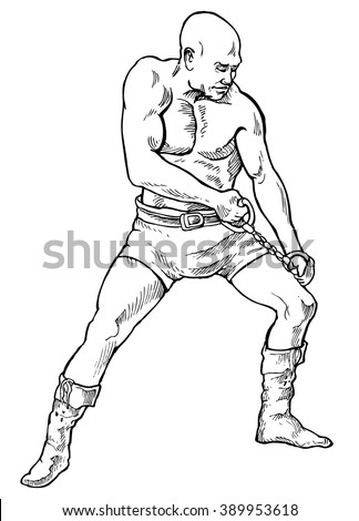 Man of muscle performs static exercise - hand drawn vector illustration, isolated on white