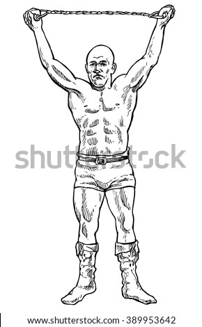 Man of muscle performs static exercise - hand drawn vector illustration, isolated on white