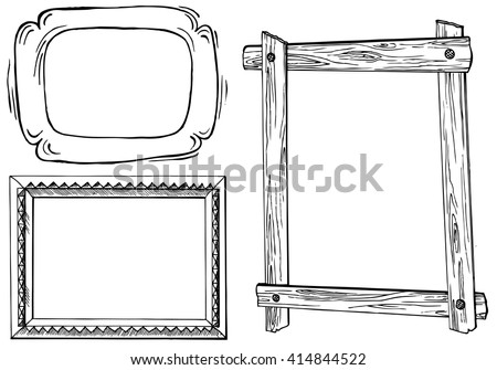 Set of retro wooden frames isolated black white vector illustration stylized engraving Set of retro wooden frames isolated black white vector illustration stylized engraving