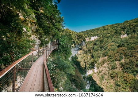 Similar – Image, Stock Photo Zeda-gordi, Georgia. View Of Paved Forest Path Leading To Canyon Okatse In Sunset Or Sunrise Time. Sun Sunshine With Natural Sunlight And Sun Rays Through Woods Trees. Beautiful Scenic View