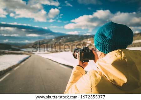 Similar – Foto Bild Aurlandsfjellet, Norwegen. Happy Young Woman Tourist Traveler Photographer With Camera Walking Near Aurlandsfjellet Scenic Route Road. Aktiver Lebensstil in der norwegischen Natur