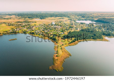 Similar – Image, Stock Photo Slobodka, Braslaw District, Vitebsk Voblast, Belarus. Aerial View Of Potsekh Lake, Green Forest Landscape Near Slobodka Village. Top View Of Beautiful European Nature From High Attitude. Bird’s Eye View. Famous Lakes