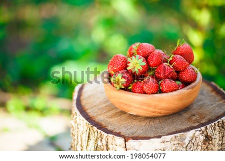 Strawberries. Organic Berries Closeup. Ripe Strawberry In The Fruit Garden, Old Wooden Bowl Filled With Succulent Juicy Fresh Ripe Red Strawberries On An Old Birch Stump. Toned Image