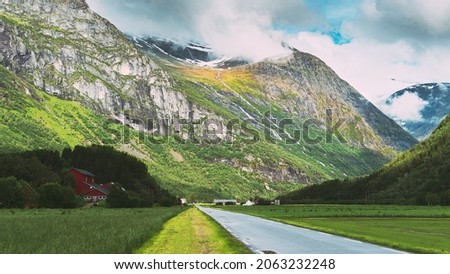 Similar – Foto Bild Stardalen, Skei I Jolster, Jostedalsbreen National Park, Norwegen. Beautiful Sky After Rain With Rainbow Above Norwegian Rural Landscape. Landwirtschaft und Wettervorhersage Konzept