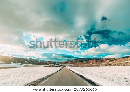 Similar – Foto Bild Aurlandsfjellet, Norwegen. Offene Straße Aurlandsfjellet. Scenic Route Straße im Sommer norwegischen Landschaft. Natürliches norwegisches Wahrzeichen und beliebtes Reiseziel