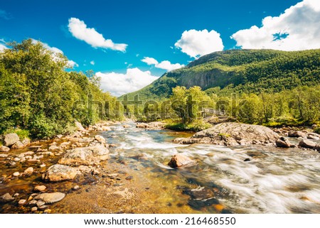 Norway Nature River. Sunny Summer Day, Landscape With Mountain, Pure Cold Water River, Pond