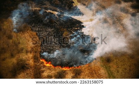 Similar – Image, Stock Photo Aerial View. Spring Dry Grass Burns During Drought Hot Weather. Bush Fire And Smoke In Forest. Wild Open Fire Destroys Grass. Nature In Danger. Ecological Problem Air Pollution. Natural Disaster.