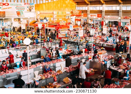 GOMEL, BELARUS - JANUARY 25, 2014: Local meat market in Gomel. This is an example of existing food market in Belarus
