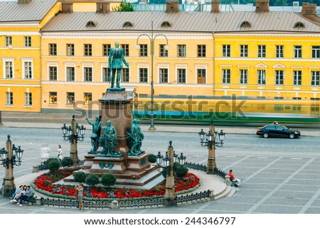 HELSINKI, FINLAND - JULY 27, 2014: Statue Of Emperor Alexander II Of Russia On Senate Square