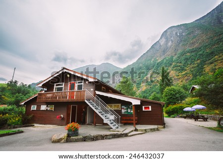 FLAM, NORWAY - August 2, 2014: Wooden Guest House, Camping, Country House In Village In Norway