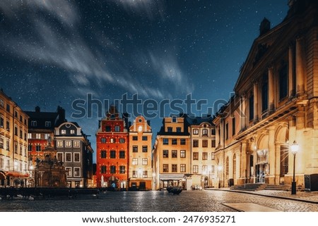 Image, Stock Photo Stockholm, Sweden. Famous Old Colorful Houses, Swedish Academy and Nobel Museum In Old Square Stortorget In Gamla Stan. Famous Landmarks And Popular Place. Panorama.