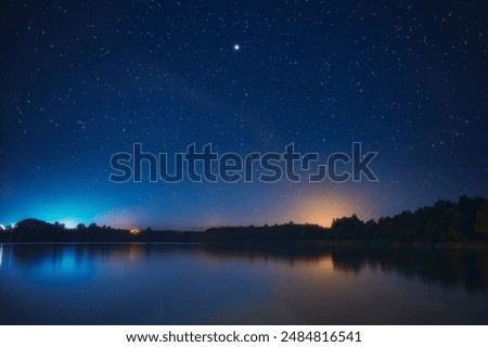 Image, Stock Photo Night Starry Sky Above Country Asphalt Road In Countryside And Green Field. Night View Of Natural Glowing Stars And Milky Way Galaxy