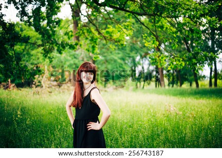 Close Up Portrait Of Young Happy Beauty Red Hair Girl In Nature In Summer Park