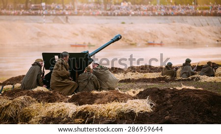 MOGILEV, BELARUS - MAY, 08, 2015: Reconstruction of Battle during events dedicated to 70th anniversary of the Victory of the Soviet people in the Great Patriotic War.
