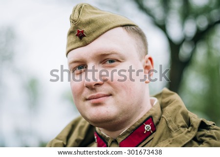 MOGILEV, BELARUS - MAY, 08, 2015: Unidentified re-enactor dressed as Soviet soldier during events dedicated to 70th anniversary of the liberation of Belarus from Nazi invaders