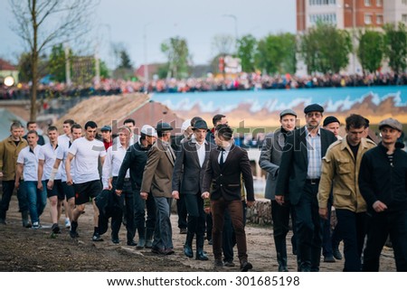 MOGILEV, BELARUS - MAY, 08, 2015: Parade of unidentified re-enactors dressed as Soviet soldiers during events dedicated to 70th anniversary of the Victory of Soviet people in the Great Patriotic War.