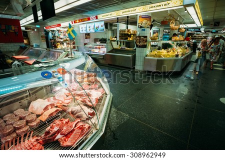STOCKHOLM, SWEDEN - JULY 30, 2014: Trade in traditional Swedish meat food in the local Hay Market Hotorget.