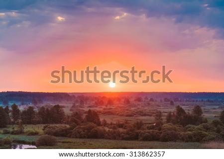 Beautiful Forest On Colorful Sunrise. Dramatic Sky With Sunset Sun Over Summer Forest.