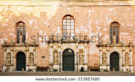 Facade of St. Peter\'s Church. It is a Lutheran church in Riga, the capital of Latvia, dedicated to Saint Peter. It is a parish church of the Evangelical Lutheran Church of Latvia.