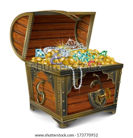 Opened wooden chest with treasures