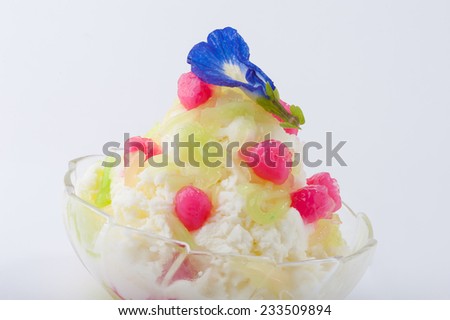 Coconut milk flavoured shave ice with sweet rice noodle and Stuffed Water Chestnuts.