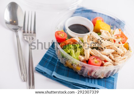 Salad soba with vegetables and shred chicken cooked by clean food concept in lunch box