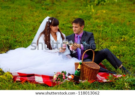 bride and groom at wedding in green field sitting on picnic, drink wine from wine glasses at wedding