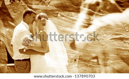 retro sepia photo, newlyweds bride and groom, couple married on day of registration ceremony dance wedding