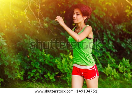 sunlight beautiful healthy runs young brunette woman a athlete running outdoors, fitness and healthy lifestyle, running in forest