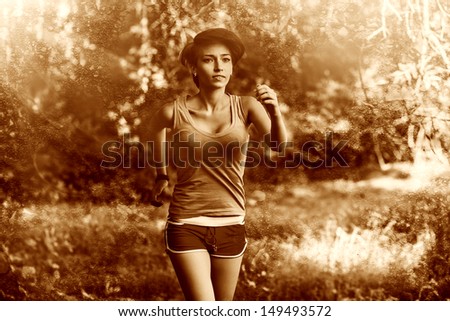 retro sepia beautiful healthy runs young brunette woman athlete a running outdoors, fitness and healthy lifestyle, running in forest