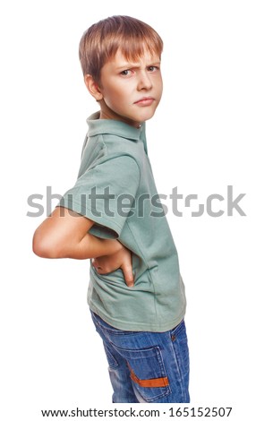 osteochondrosis kid teenage boy holds his hand behind his back back pain isolated on white background