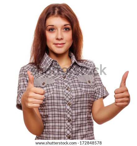 woman brunette young girl shows positive sign thumbs yes, shirt shorts isolated large