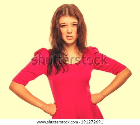 angry angry woman brunette girl does not understand the thinking frowns isolated large