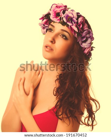 beautiful face model woman close-up beauty head, wreath flowers her head isolated on white background large cross processing retro