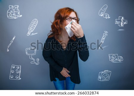 woman is sick with influenza runny nose sneezing handkerchief infographics medicine dropper syringe tablets cross on a blue background