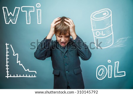 drop in the price of oil barrel WTI businessman teenager holding his head down graph crisis studio background photo