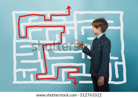 Teenager boy businessman standing sideways holding plan shows a finger labyrinth pattern of crisis solution studio background