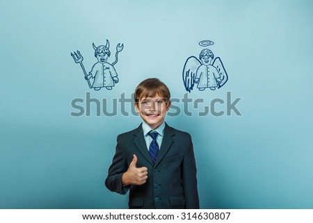 Teenage boy smiling businessman gesture da angel devil demon infographics infographics Bible study of religion