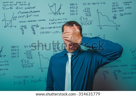 Teacher learned professor covered his face with his hands eyes surprised science mathematical formulas math problem Infographics photo studio